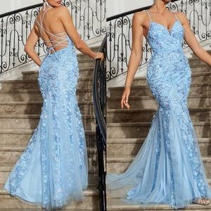Luxe crisscross open back floral Applique mesh party formal evening dress